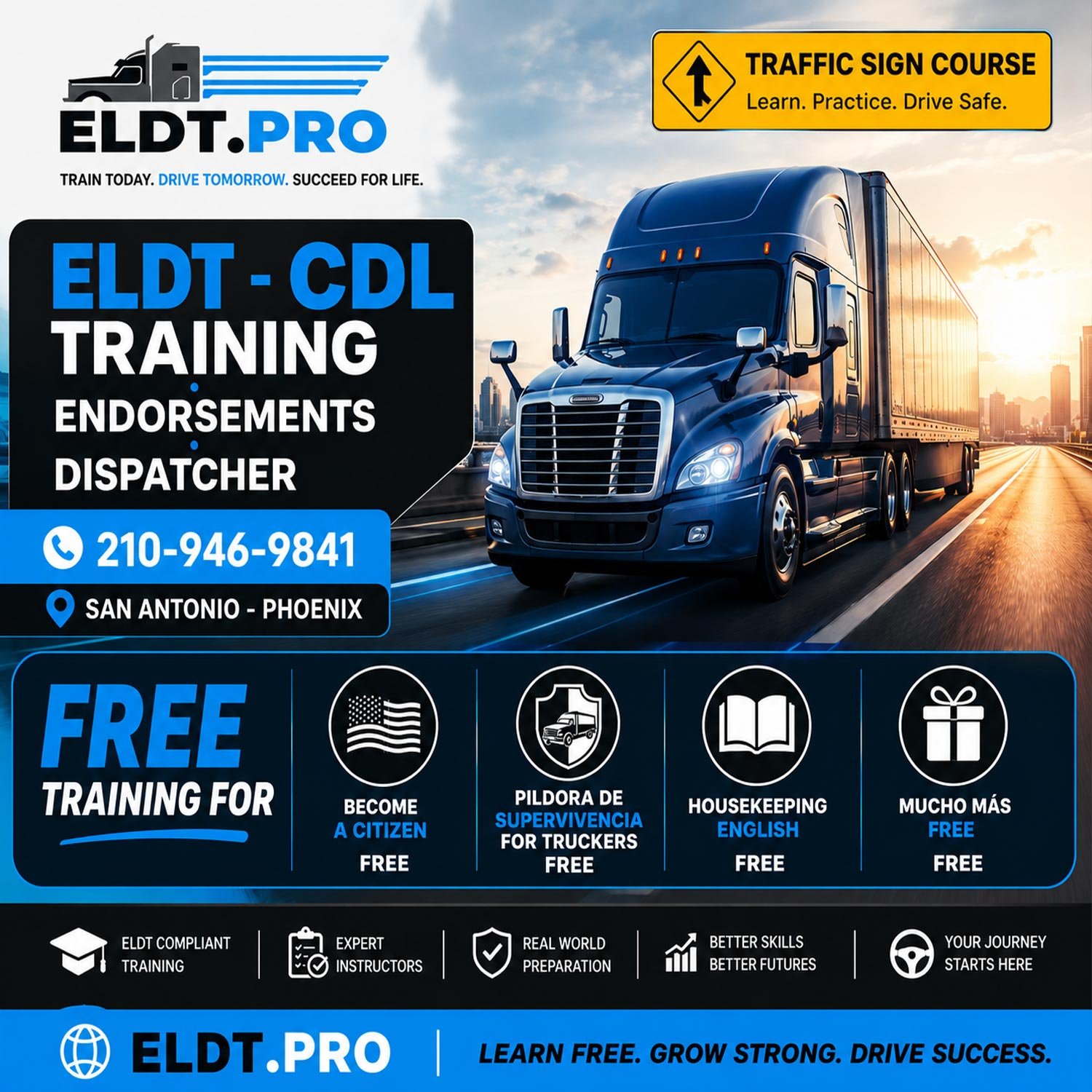 ELDT.PRO official FMCSA-compliant commercial driver training program in Phoenix, Arizona. Offering full endorsements, road safety, and dedicated support in Spanish (Soporte en Español) for Hispanic students.